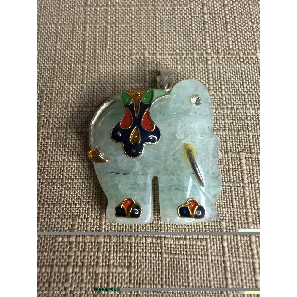Vintage Carved Jade and Enamel Elephant Pendant